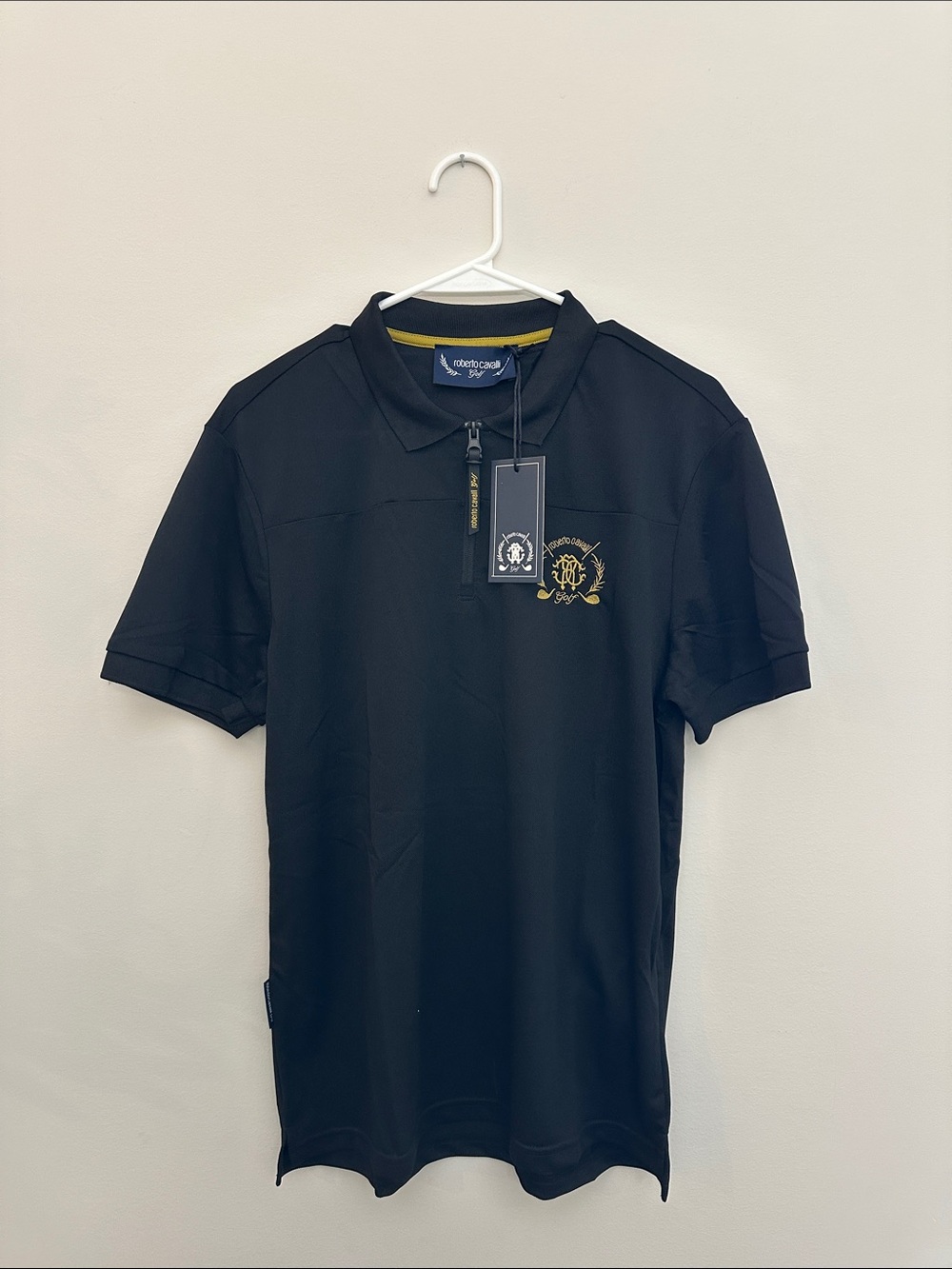 Roberto Cavalli Black Polo with Gold Embroidered Crest